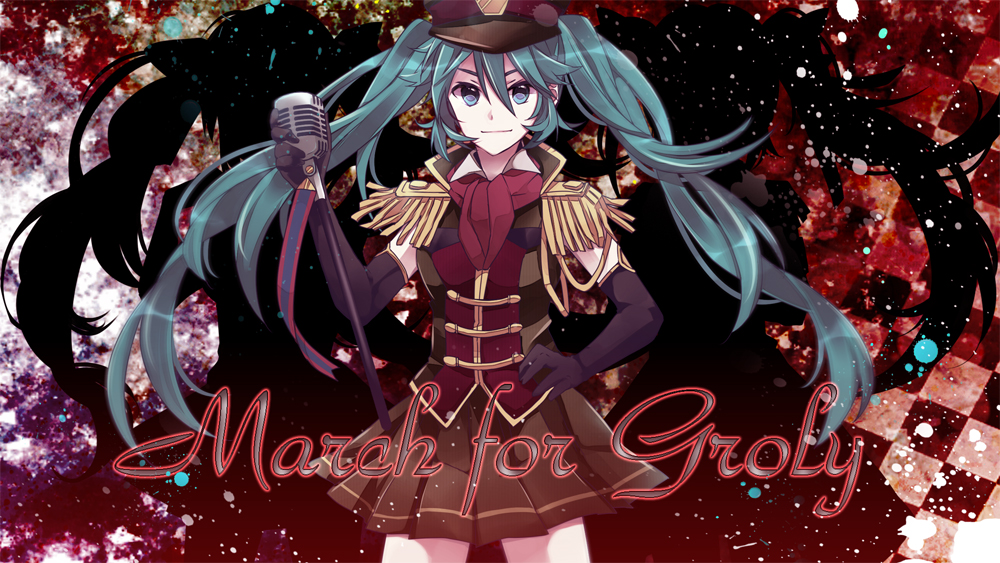 1girl, copyright_name, elbow_gloves, epaulettes, gloves, hand_on_hip, hat, hatsune_miku, long_hair, manabu, microphone, peaked_cap, skirt, solo, twintails, very_long_hair, vocaloid
