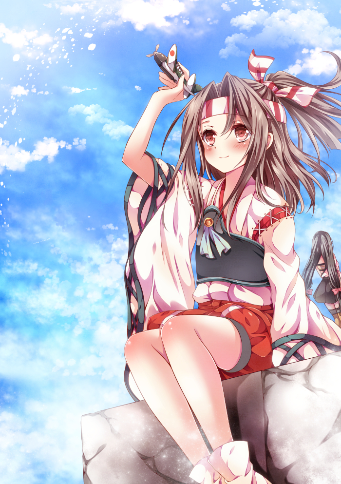 1girl, 2girls, aichi_d3a, airplane, back, black_hair, blue_sky, blush