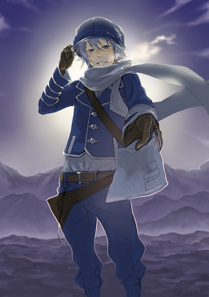 blue_eyes, blush, breath, gauche_suede, gloves, hat, letter_bee, male
