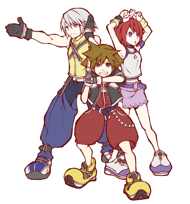 1girl, 2boys, blue_eyes, brown_hair, chain_necklace, fingerless_gloves, gloves, green_eyes
