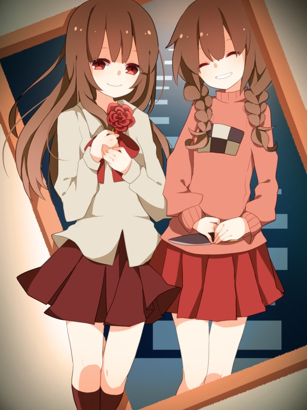 2girls, bow, braid, brown_eyes, brown_hair, closed_eyes, crossover, door, flower, happy, ib, ib_(ib), kneehighs, knife, long_hair, madotsuki, multiple_girls, painting_(object), pullover, red_rose, rose, shirt, skirt, smile, twin_braids, uiyuzu_(uichoco), yume_nikki