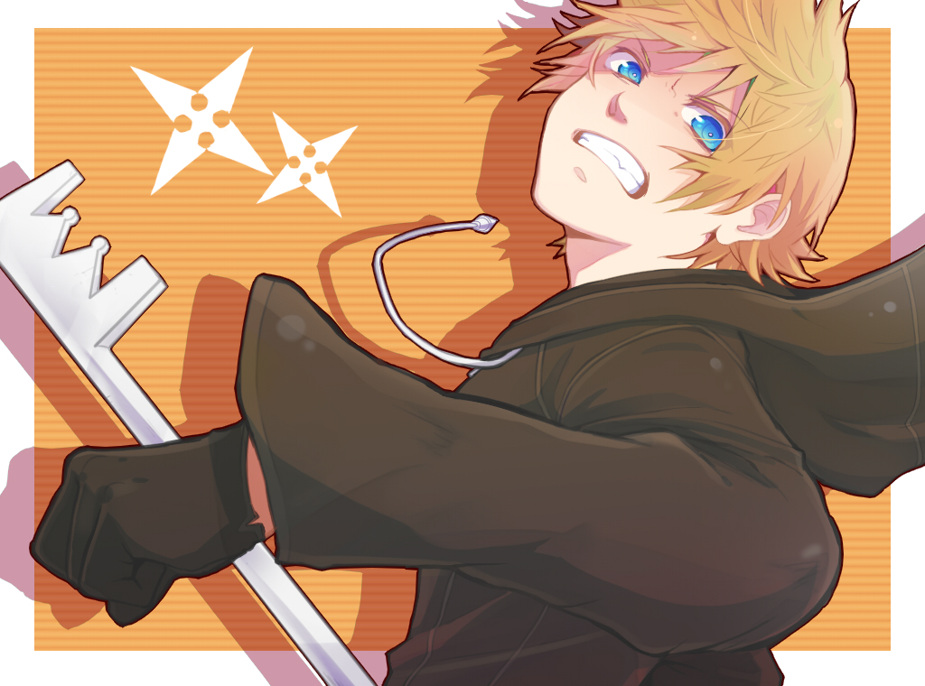 1boy, angry, blonde_hair, blue_eyes, bunta01, cloak, gloves, keyblade, kingdom_hearts, roxas, solo