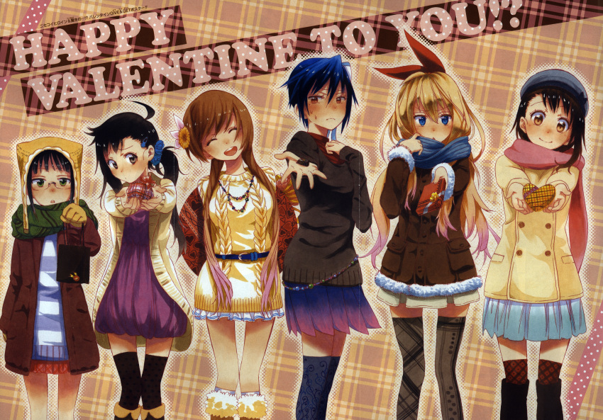 6+girls, ahoge, black_eyes, black_hair, blonde_hair, blue_eyes, blue_hair, boots