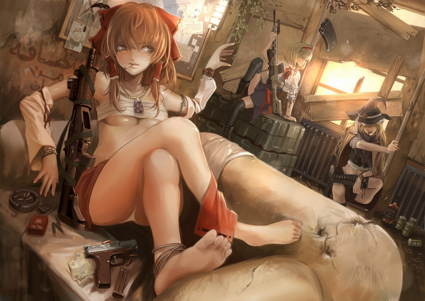 3girls, adapted_costume, alcohol, alice_margatroid, ammunition, anklet, assault_rifle, barefoot, beer_can, black_legwear, blonde_hair, blue_dress, boots, bow, bracelet, breasts, brown_eyes, brown_hair, capelet, cigarette, couch, cross-laced_footwear, dog_tags, dress, feet, glock, gun, hair_bow, hair_tubes, hairband, hakurei_reimu, handgun, hat, heineken, imi_galil, jack_daniel's, jewelry, kirisame_marisa, lolita_hairband, magazine_(weapon), mecha_to_identify, miniskirt, money, multiple_girls, necklace, osama_bin_laden, over-kneehighs, panties, remington_rsass, revision, rifle, sarashi, sash, shirt, sitting, skirt, skirt_set, smoking, sniper_rifle, soles, terabyte_(rook777), thighhighs, toes, touhou, underboob, underwear, watch, weapon, whiskey, white_panties, window, witch_hat, zettai_ryouiki