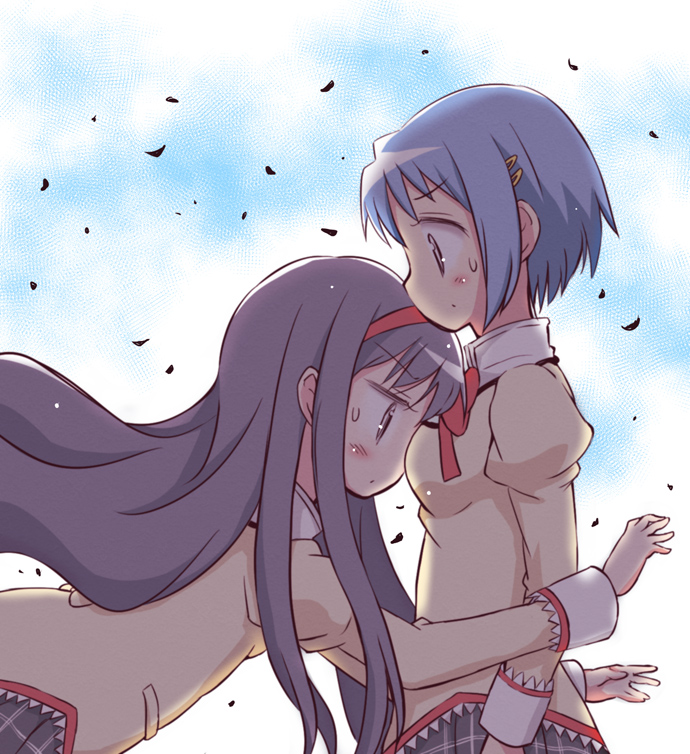 2girls, akemi_homura, black_hair, blue_eyes, blue_hair, hair_ornament, hair_ribbon, hairclip, kojima_tsuma, long_hair, mahou_shoujo_madoka_magica, mahou_shoujo_madoka_magica_movie, miki_sayaka, multiple_girls, ribbon, school_uniform, short_hair, sweatdrop, tripping, violet_eyes
