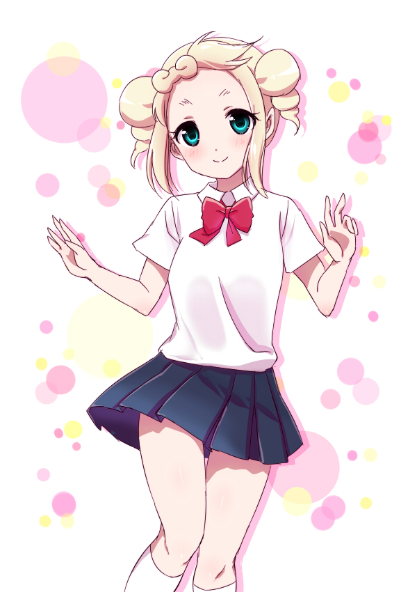 1girl, blonde_hair, blush, bowtie, double_bun, dress_shirt, green_eyes, kneehighs