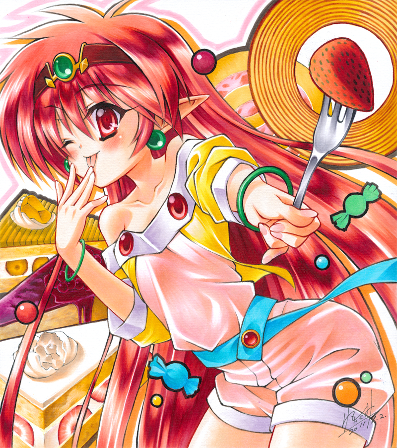 1girl, 2011, arara_milk, bare_shoulders, candy, dated, earrings, food