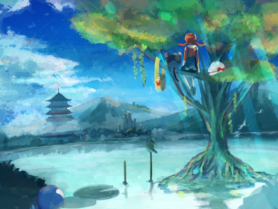 1girl, bag_removed, bow, city, ecruteak_city, fog, hat, hat_removed
