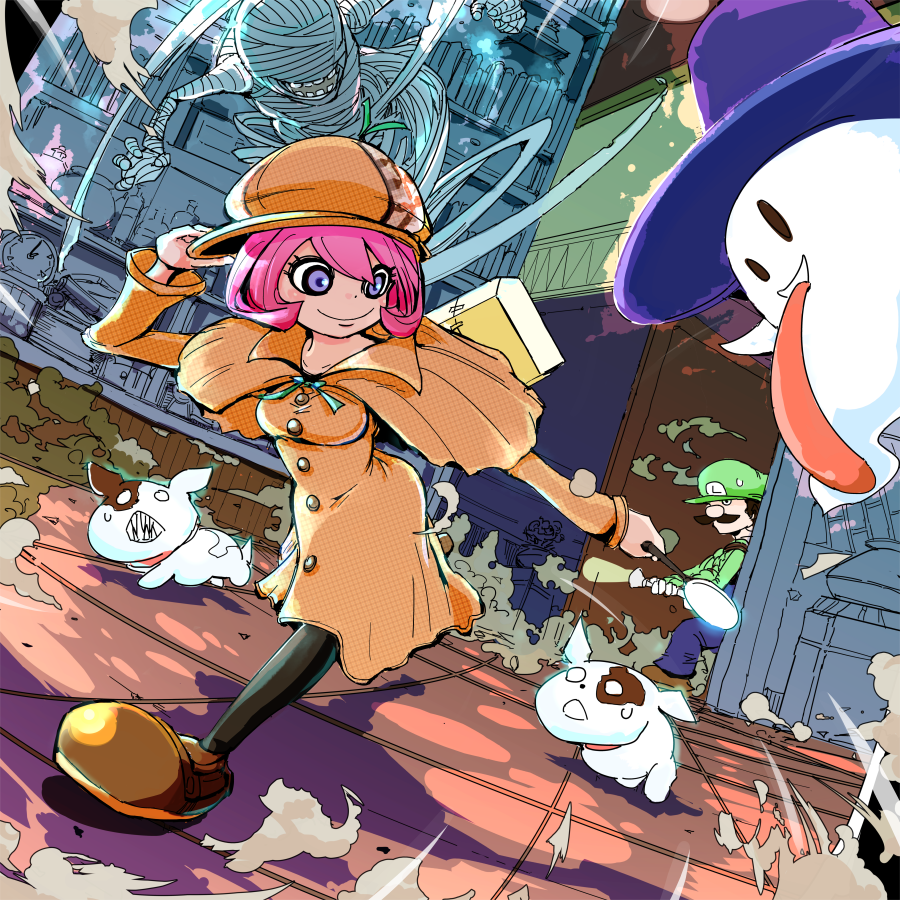 1boy, 1girl, detective, dog, flashlight, ghost, hat, luigi, luigi's_mansion, magnifying_glass, mummy, nintendo, pink_hair, sheila_bell, streetpass_mansion, tongue, top_hat, violet_eyes