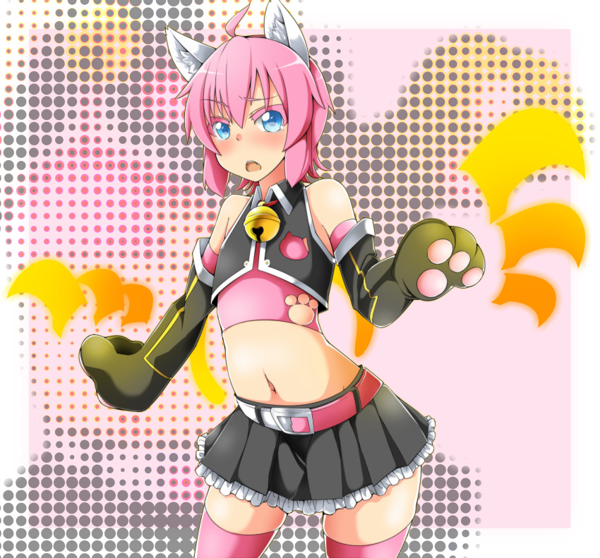 1boy, animal_ears, bell, blue_eyes, cat_ears, cat_paws, highres, midriff