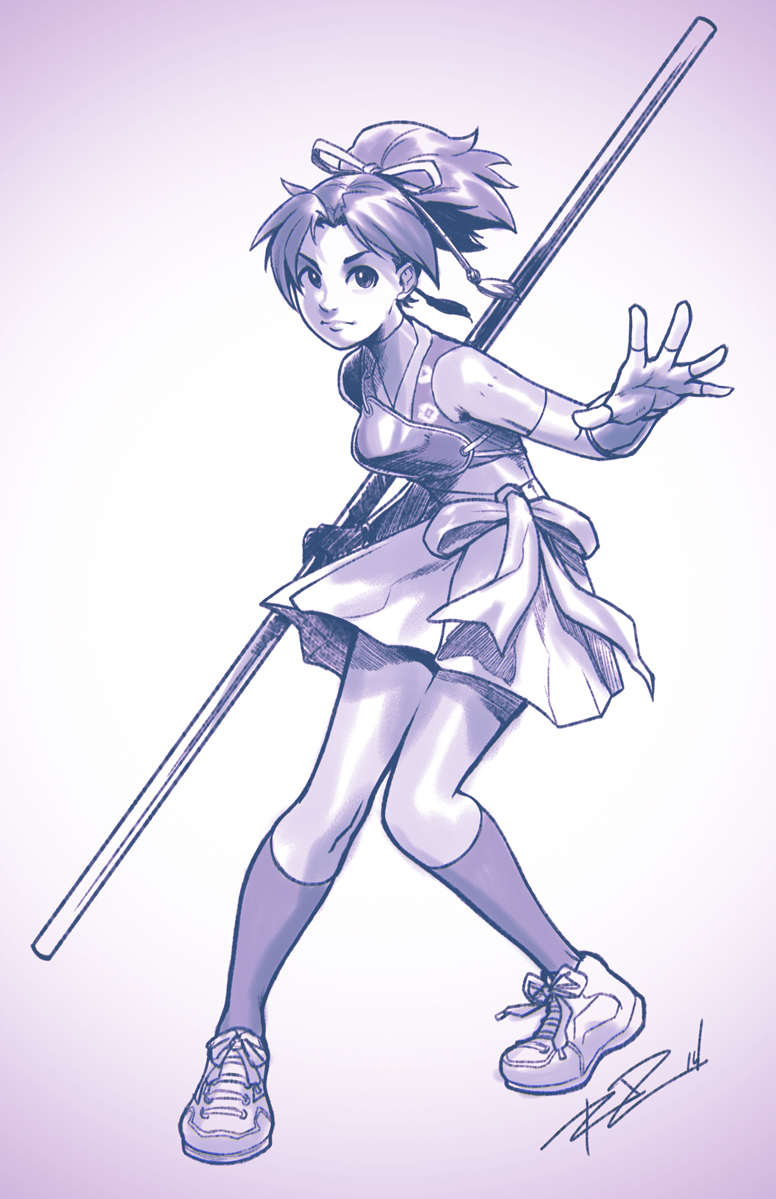 1girl, fighting_stance, fingerless_gloves, gloves, hair_ribbon, monochrome, muneate, nanase_(street_fighter), pole, ponytail, ribbon, robert_porter, shoes, skirt, sneakers, socks, solo, street_fighter, street_fighter_ex, weapon