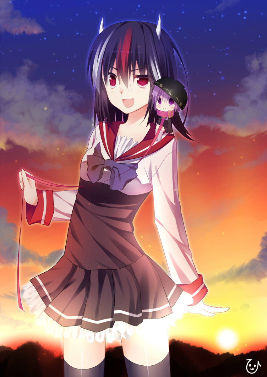 2girls, black_hair, black_legwear, bowl, collar, highres, hisame_(nekousatan), horns