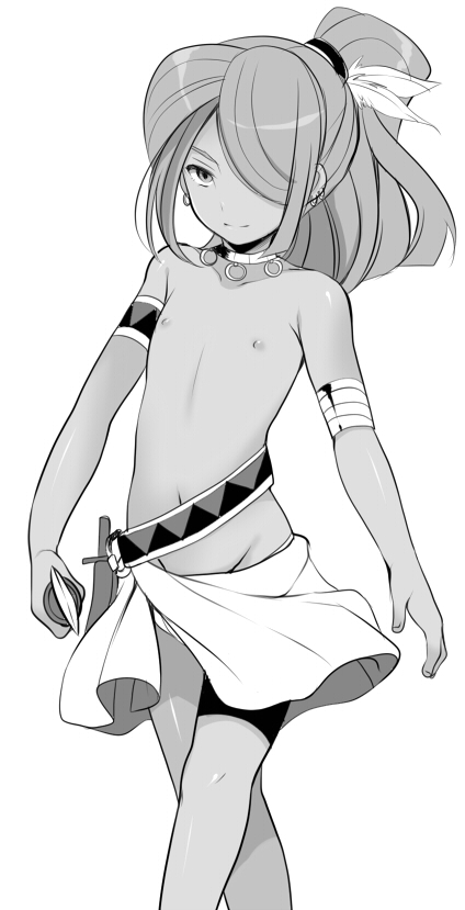 1boy, armlet, earrings, feathers, hair_over_one_eye, inazuma_eleven, inazuma_eleven_(series), jewelry, kazemaru_ichirouta, ku--ma, long_hair, male, monochrome, navel, necklace, nipples, no_panties, ponytail, shirtless, simple_background, solo, white_background