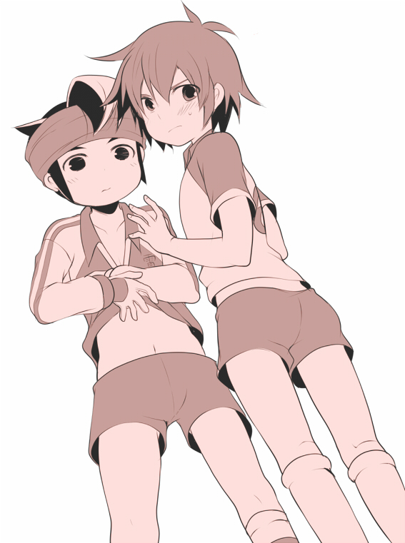 2boys, blush, endou_mamoru, frown, gloves, goalkeeper, handa_shin'ichi, inazuma_eleven