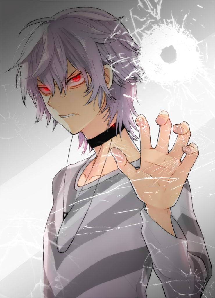 1boy, accelerator, breaking, choker, fourth_wall, glass_crack, gung, red_eyes