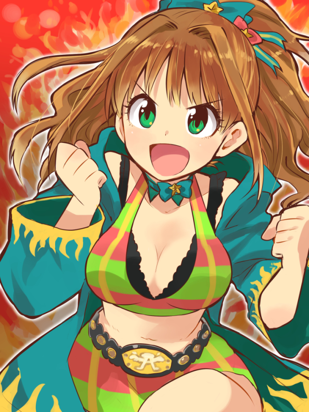 1girl, belt, bow, bowtie, brown_hair, clenched_hands, coat, flame