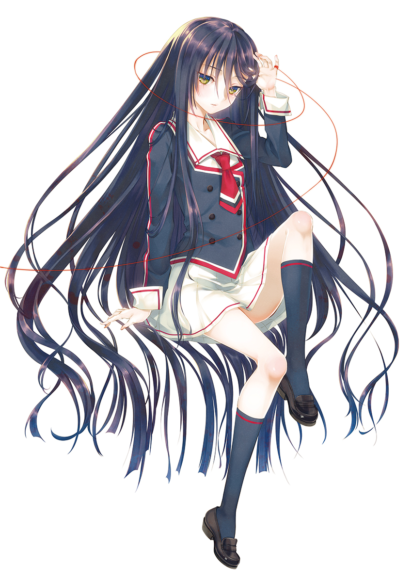 1girl, absurdly_long_hair, black_hair, blush, highres, kneehighs, loafers, long_hair