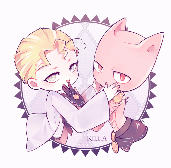 2boys, ahoge, blonde_hair, blue_eyes, chibi, formal, heart_ahoge, jojo_no_kimyou_na_bouken
