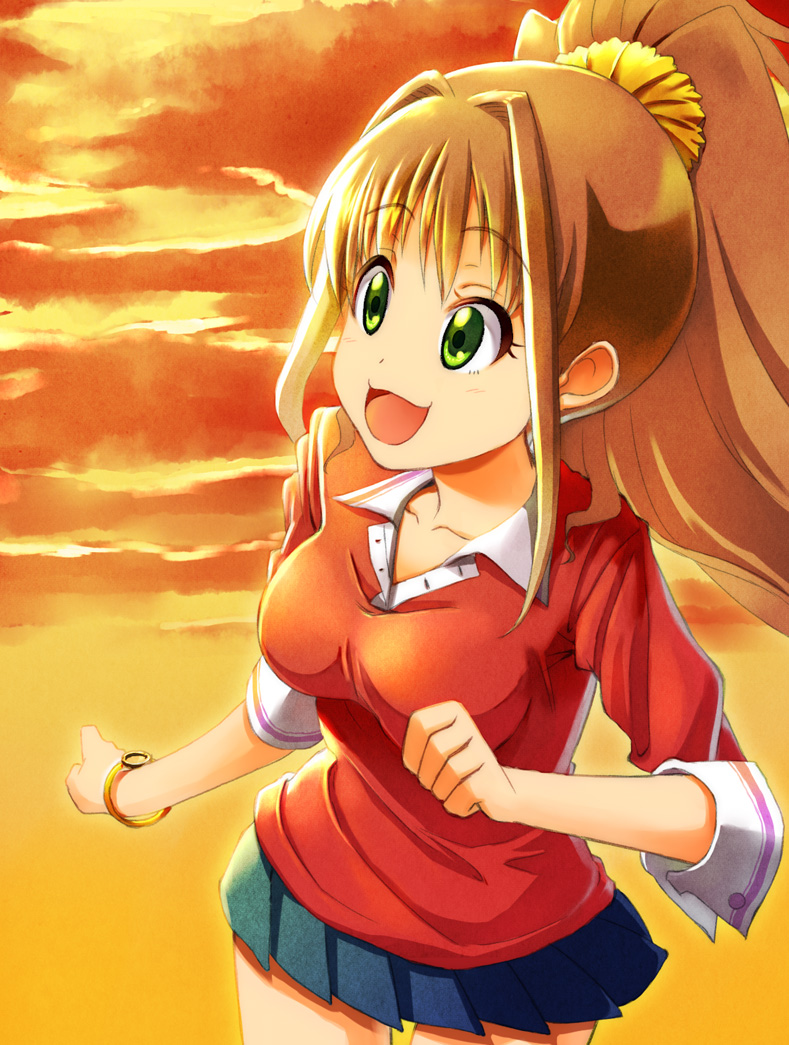 1girl, :3, breasts, brown_hair, clouds, collared_shirt, green_eyes, high_ponytail