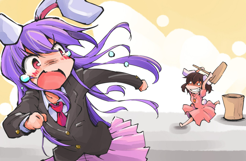 2girls, animal_ears, brown_hair, bucket, carrot, crazy_smile, dress, hammer