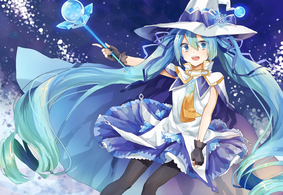 1girl, aqua_eyes, aqua_hair, cape, fingerless_gloves, gloves, hair_ribbon, hat