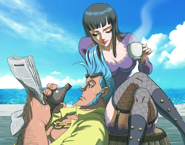 1boy, 1girl, barrel, black_hair, blue_eyes, blue_hair, boots, bottle, breasts, chain_necklace, cleavage, clouds, coffee_mug, collarbone, convenient_leg, crossed_legs, cyborg, fishnet_legwear, fishnets, franky, frown, garter_straps, lipstick, long_hair, long_sleeves, looking_at_another, makeup, newspaper, nico_robin, nika_(nikasa_an), ocean, one_piece, open_clothes, open_shirt, pompadour, reading, sideburns, sitting_on_object, sky, steam, sunglasses, sunglasses_on_head, thighhighs