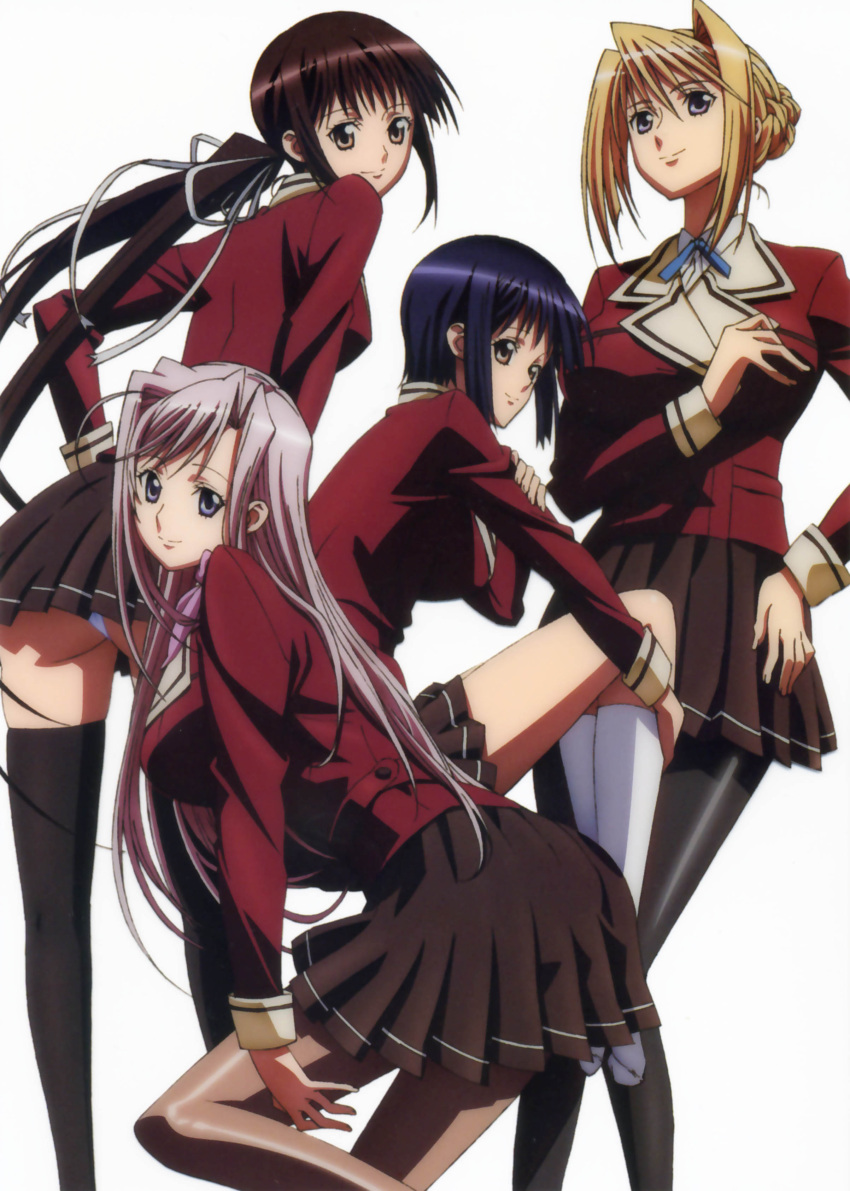 absurdres, black_pantyhose, black_thighhighs, blonde_hair, blue_eyes, blue_hair, blurry, brown_eyes