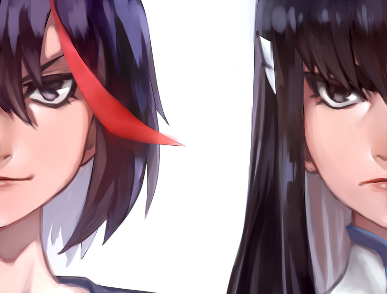 2girls, black_eyes, black_hair, darkeagle_an, eyebrows, face, kill_la_kill, kiryuuin_satsuki, long_hair, matoi_ryuuko, multicolored_hair, multiple_girls, redhead, short_hair, simple_background, thick_eyebrows, white_background