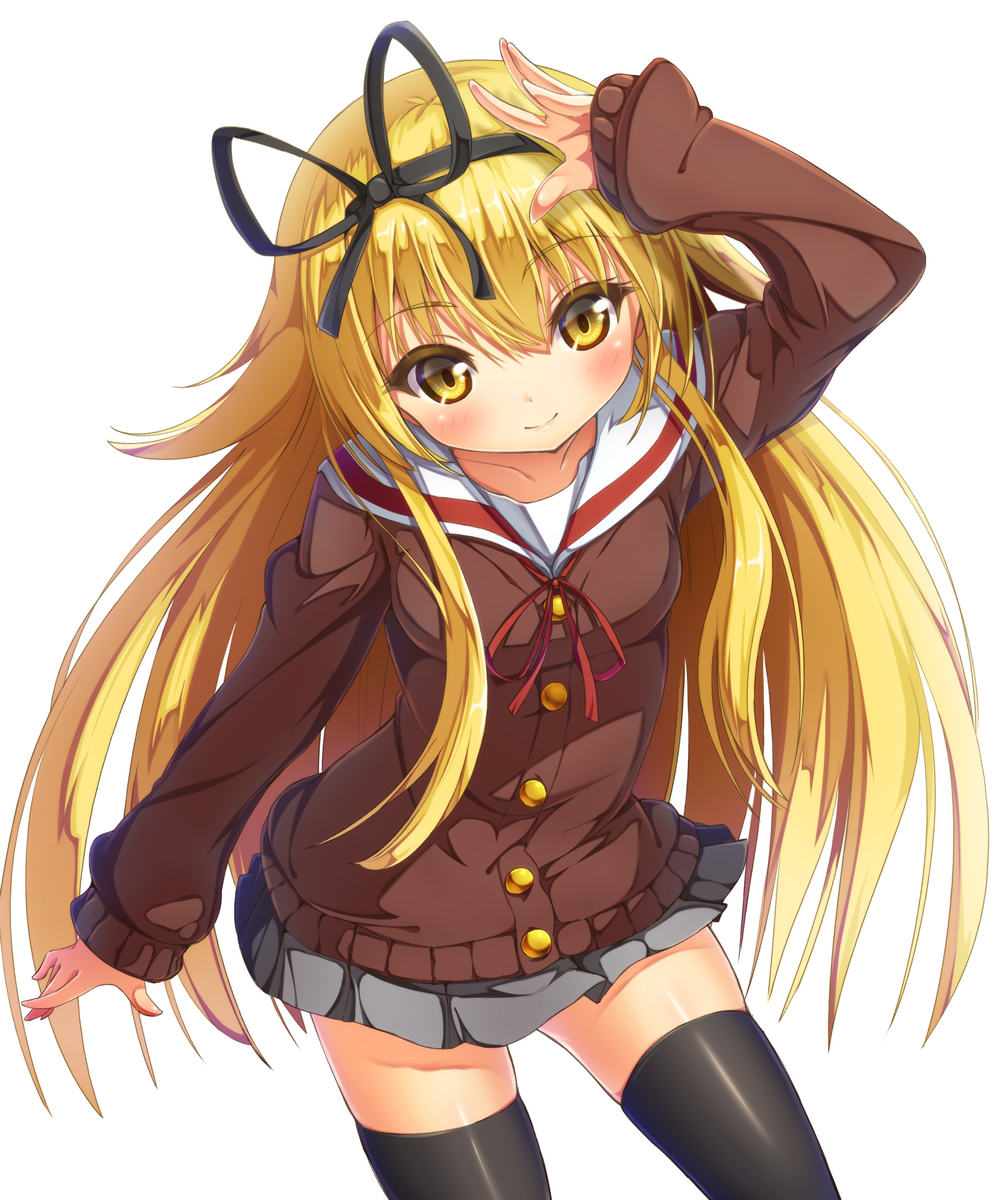 1girl, black_legwear, blonde_hair, blush, hair_ribbon, hairband, highres, long_hair