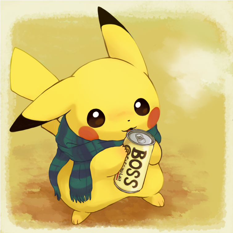 boss_coffee, canned_coffee, clothed_pokemon, konanbo, pikachu, pokemon, pokemon_(creature), scarf