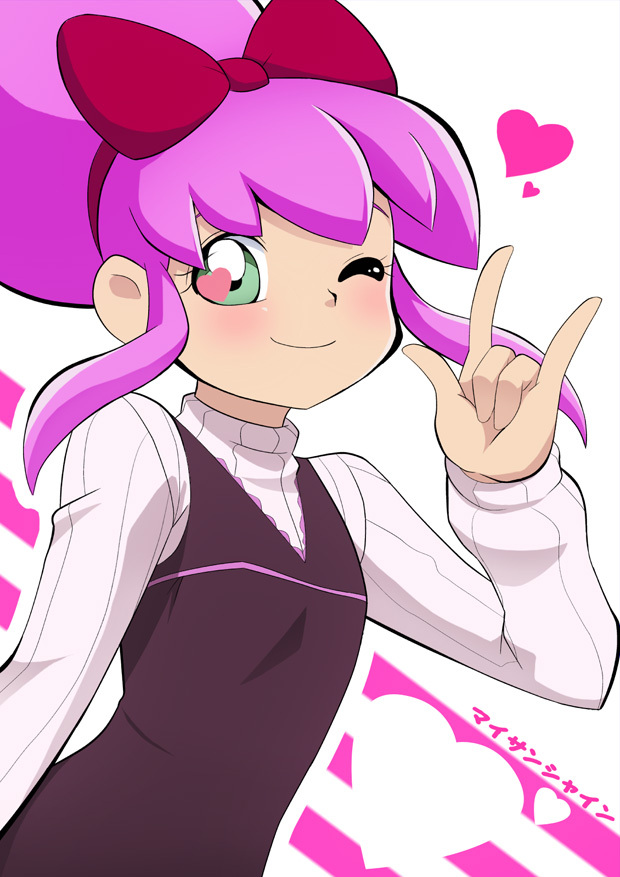 1girl, \m/, battle_spirits, battle_spirits:_shounen_toppa_bashin, blush, bow, casual, green_eyes