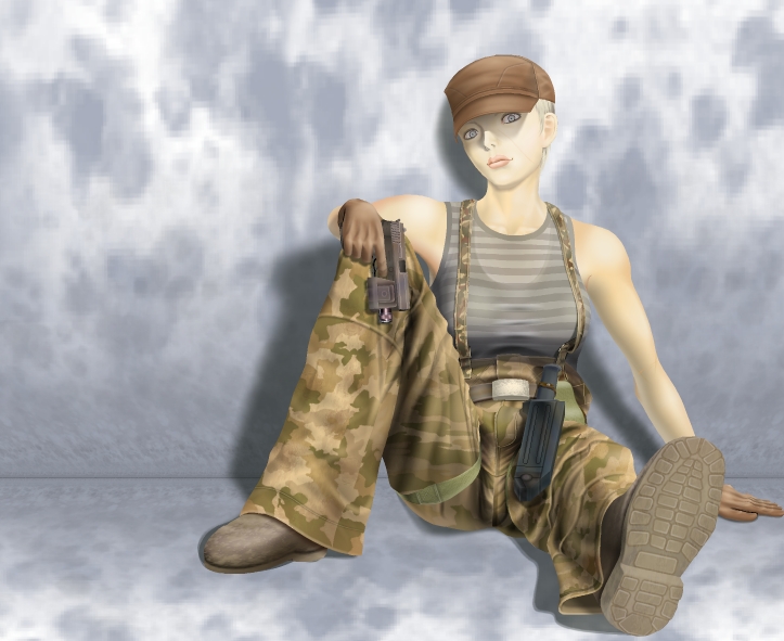1girl, baseball_cap, blue_eyes, breasts, buzz_cut, camouflage_pants, gloves, gun