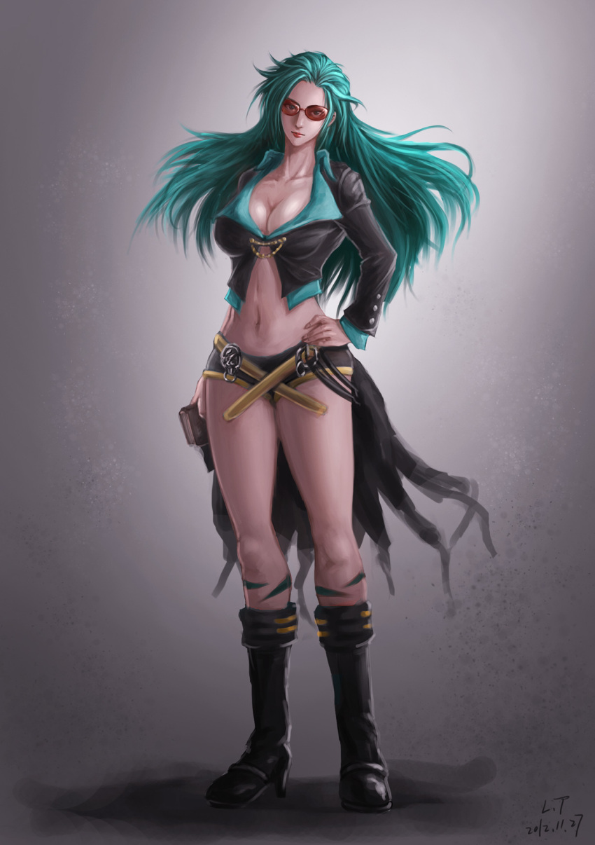 1girl, boots, breasts, character_request, cleavage, coattails, crop_top, cropped_jacket