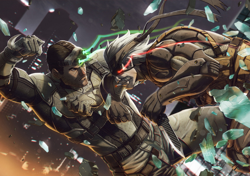 2boys, battle, bodysuit, broken_glass, cigarette, crossover, eyepatch, facial_hair, glass, glowing, headband, knife, mar-c!, metal_gear_solid_4, multiple_boys, mustache, old_snake, reverse_grip, sam_fisher, smoking, sneaking_suit, solid_snake, splinter_cell, stubble