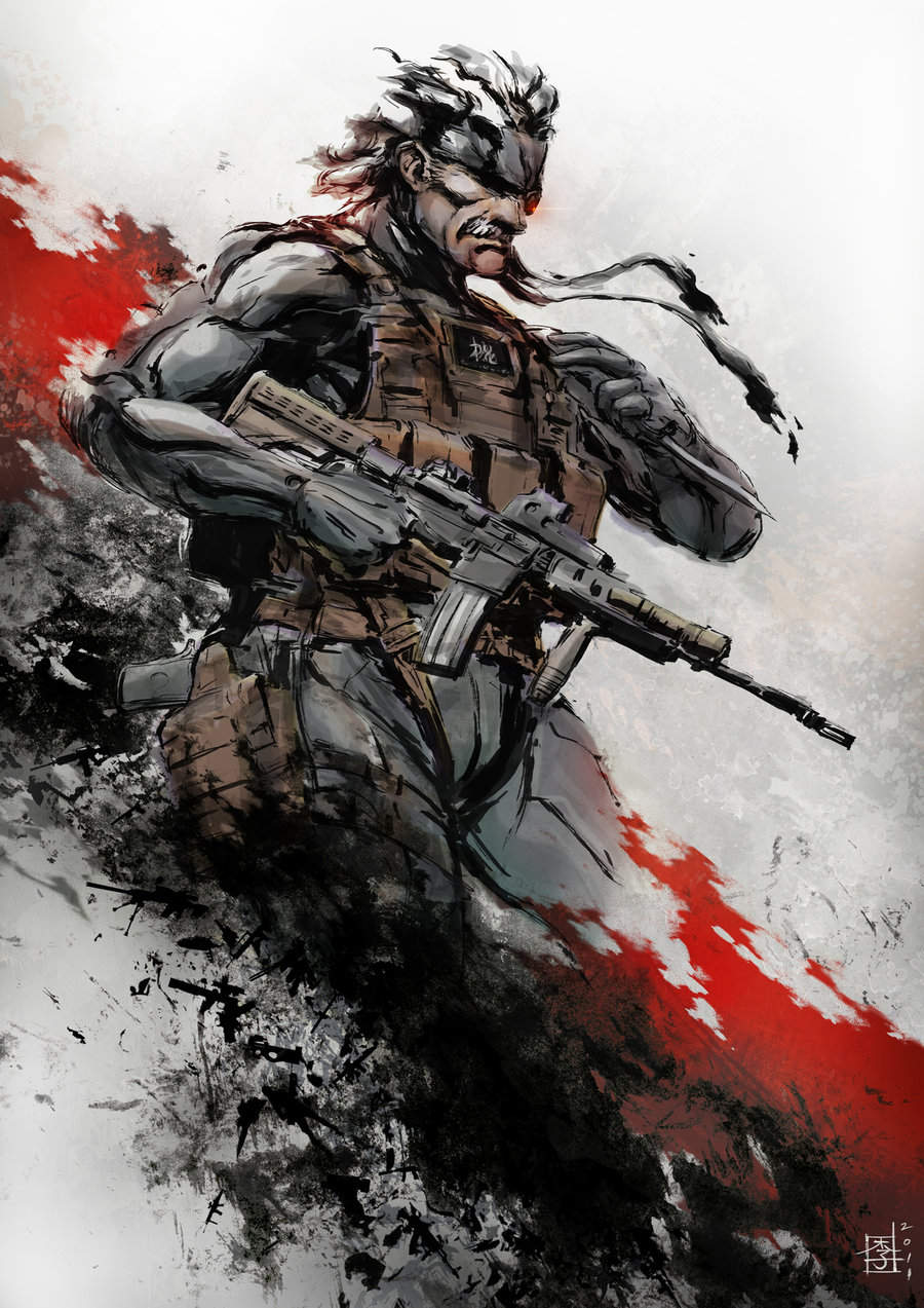 1boy, assault_rifle, bodysuit, cqc, cropped_legs, dual_wielding, eyepatch, facial_hair