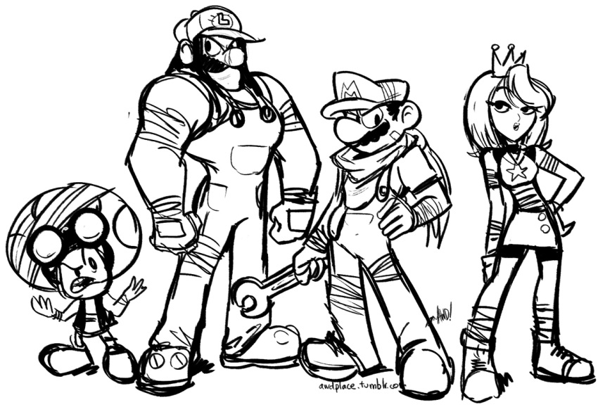 1girl, 3boys, alternate_costume, awd!, crown, dress, goggles, goggles_on_head
