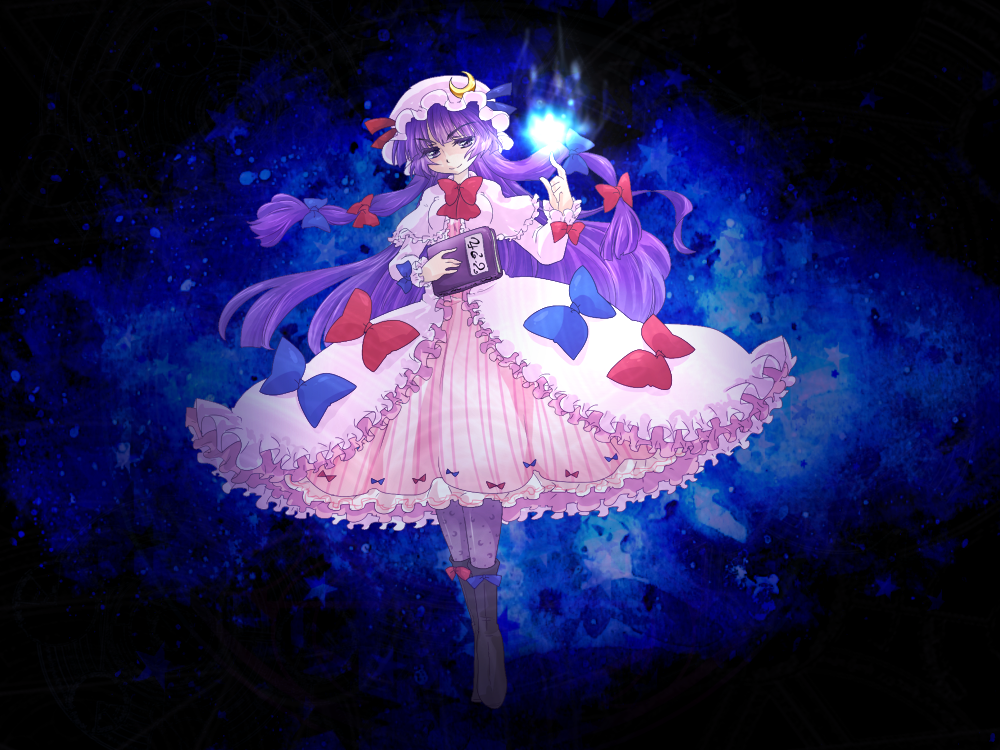 1girl, blue_fire, book, boots, crescent, fire, frills, grin