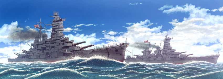 aa_gun, blue_sky, cannon, clouds, earasensha, flag, haruna_(battleship), highres
