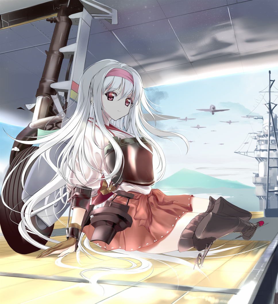 1girl, airplane, black_legwear, blue_sky, blush, boots, clouds, flight_deck