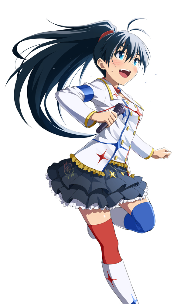 1girl, ahoge, black_hair, blue_eyes, blue_legwear, costume, fang, ganaha_hibiki, idolmaster, idolmaster_movie, long_hair, microphone, mofu, open_mouth, ponytail, red_legwear, smile, solo, starpiece_memories, thighhighs, zettai_ryouiki