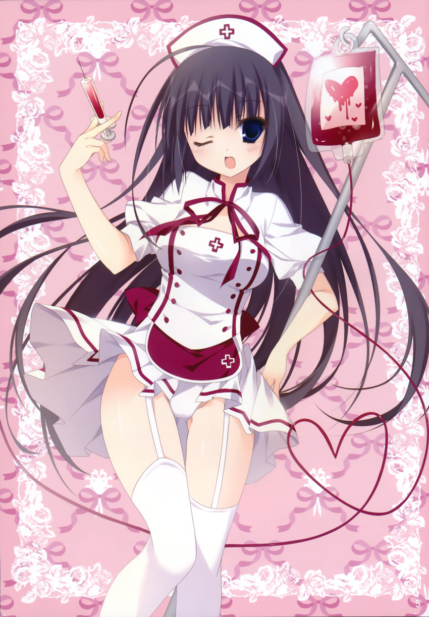1girl, ;d, absurdres, black_hair, blood, blood_bag, blue_eyes, breasts, garter_straps, hat, heart, highres, inugami_kira, nurse, nurse_cap, open_mouth, panties, skirt, skirt_lift, smile, solo, stand, syringe, thighhighs, underwear, white_legwear, white_panties, wink