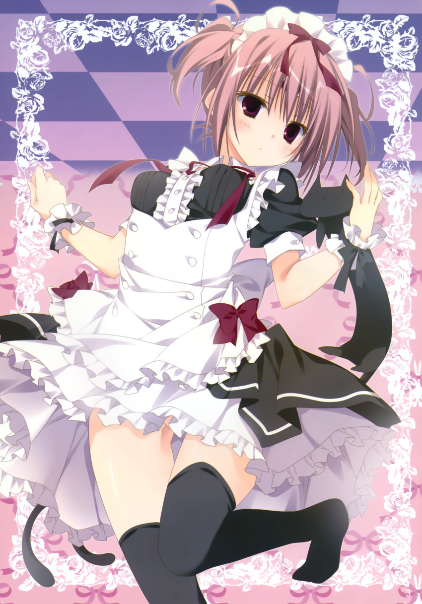 1girl, =<, absurdres, black_legwear, cat, checkered_ceiling, dress, highres