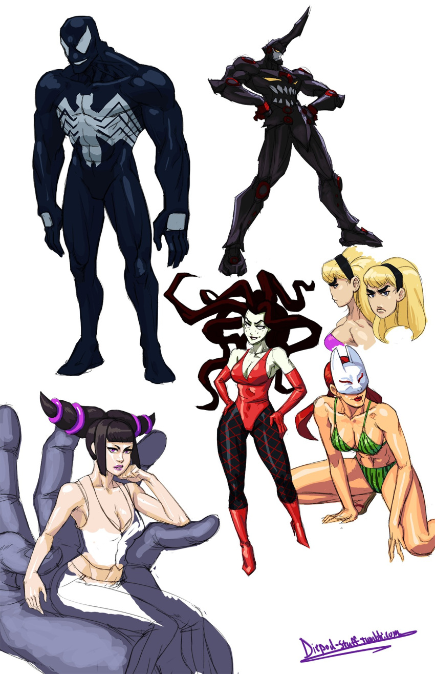 alternate_costume, bikini, black_hair, blonde_hair, breasts, casual, cleavage, collage