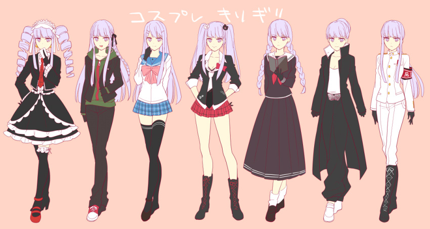 1girl, alternate_hairstyle, armband, black_gloves, black_legwear, bonnet, book, boots, braid, celestia_rudenberk, celestia_rudenberk_(cosplay), cosplay, cross-laced_footwear, dangan_ronpa, dress, drill_hair, enoshima_junko, enoshima_junko_(cosplay), fukawa_touko, fukawa_touko_(cosplay), gakuran, gloves, gothic_lolita, hair_bun, hair_ornament, hairclip, hoodie, ishimaru_kiyotaka, ishimaru_kiyotaka_(cosplay), karuha, kirigiri_kyouko, kneehighs, lace-up_boots, lolita_fashion, maizono_sayaka, maizono_sayaka_(cosplay), naegi_makoto, naegi_makoto_(cosplay), necktie, oowada_mondo, oowada_mondo_(cosplay), ponytail, purple_hair, school_uniform, serafuku, side_braid, thighhighs, twin_braids, twin_drills, twintails, violet_eyes