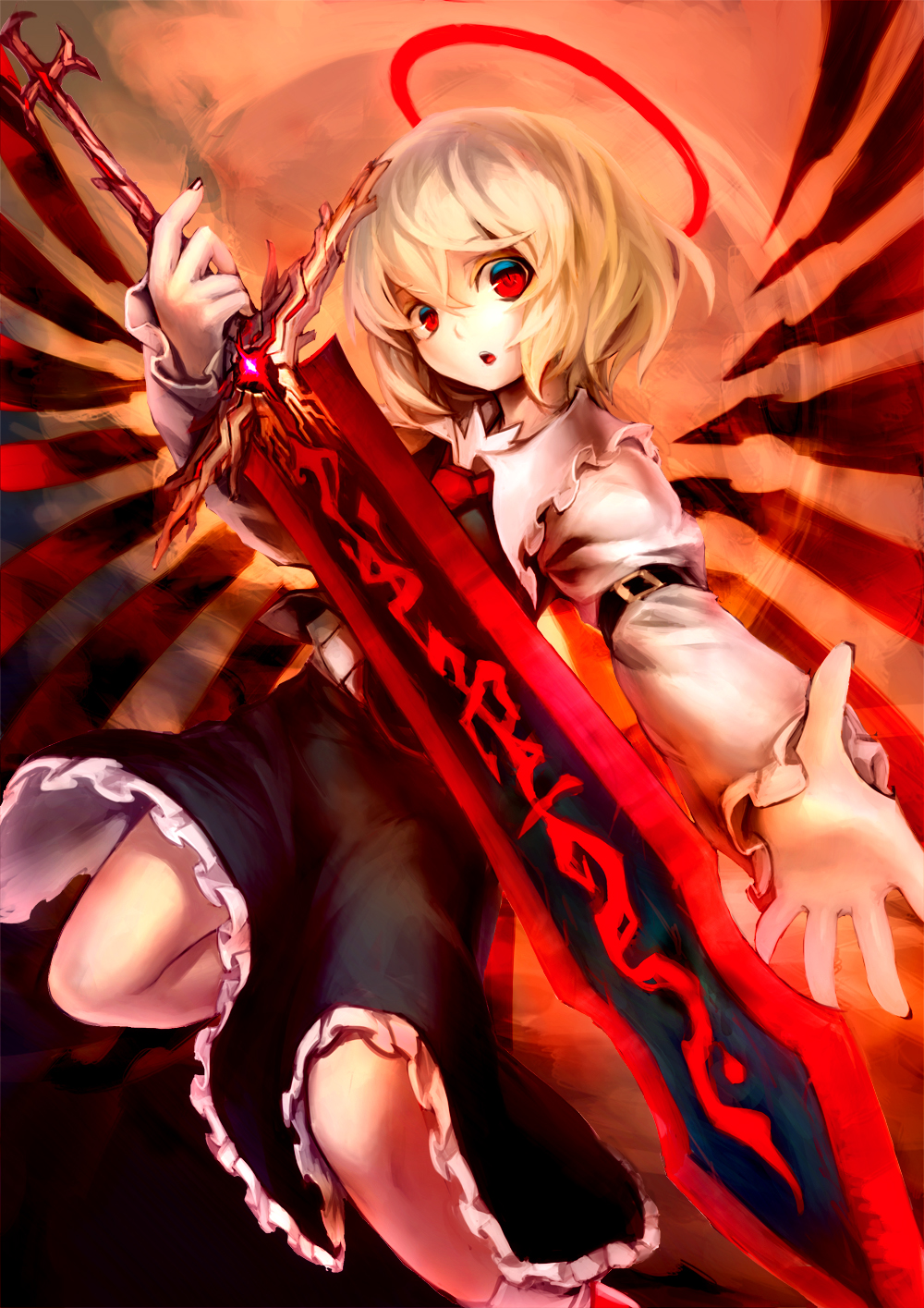 1girl, blonde_hair, ex-rumia, hair_ribbon, halo, highres, open_mouth, outstretched_arm
