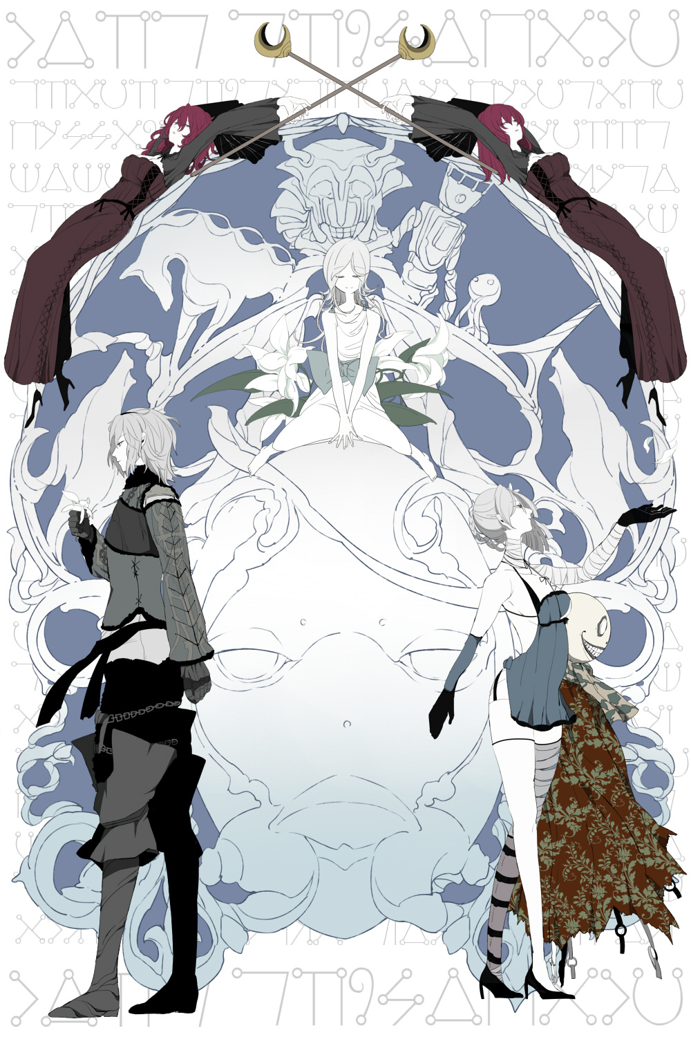 2boys, 4girls, bandages, bare_shoulders, barefoot, belt, bow, buckle