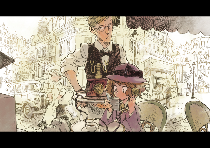 bow, bowtie, bread, cafe, car, chair, cup, dog, food, glasses, hat, kiosk, lamppost, matsuda_(matsukichi), motor_vehicle, notebook, original, phone, road, street, table, tray, vehicle, waiter
