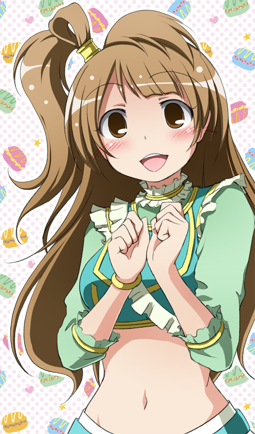 1girl, blush, brown_eyes, brown_hair, earth_ekami, long_hair, looking_at_viewer, love_live!_school_idol_project