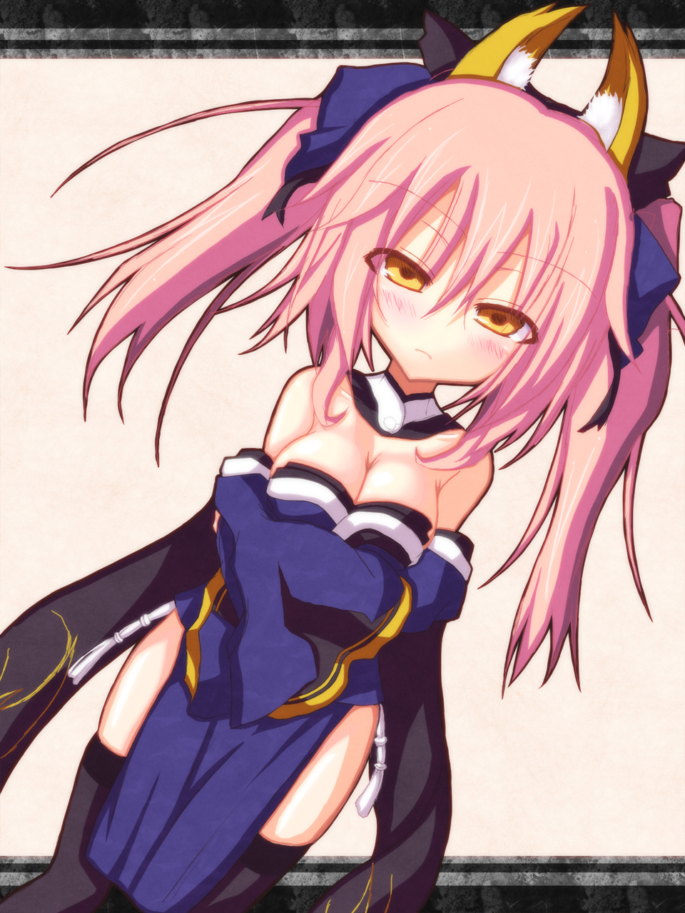 1girl, animal_ears, bare_shoulders, blush, breasts, caster_(fate/extra), cleavage, fate/extra