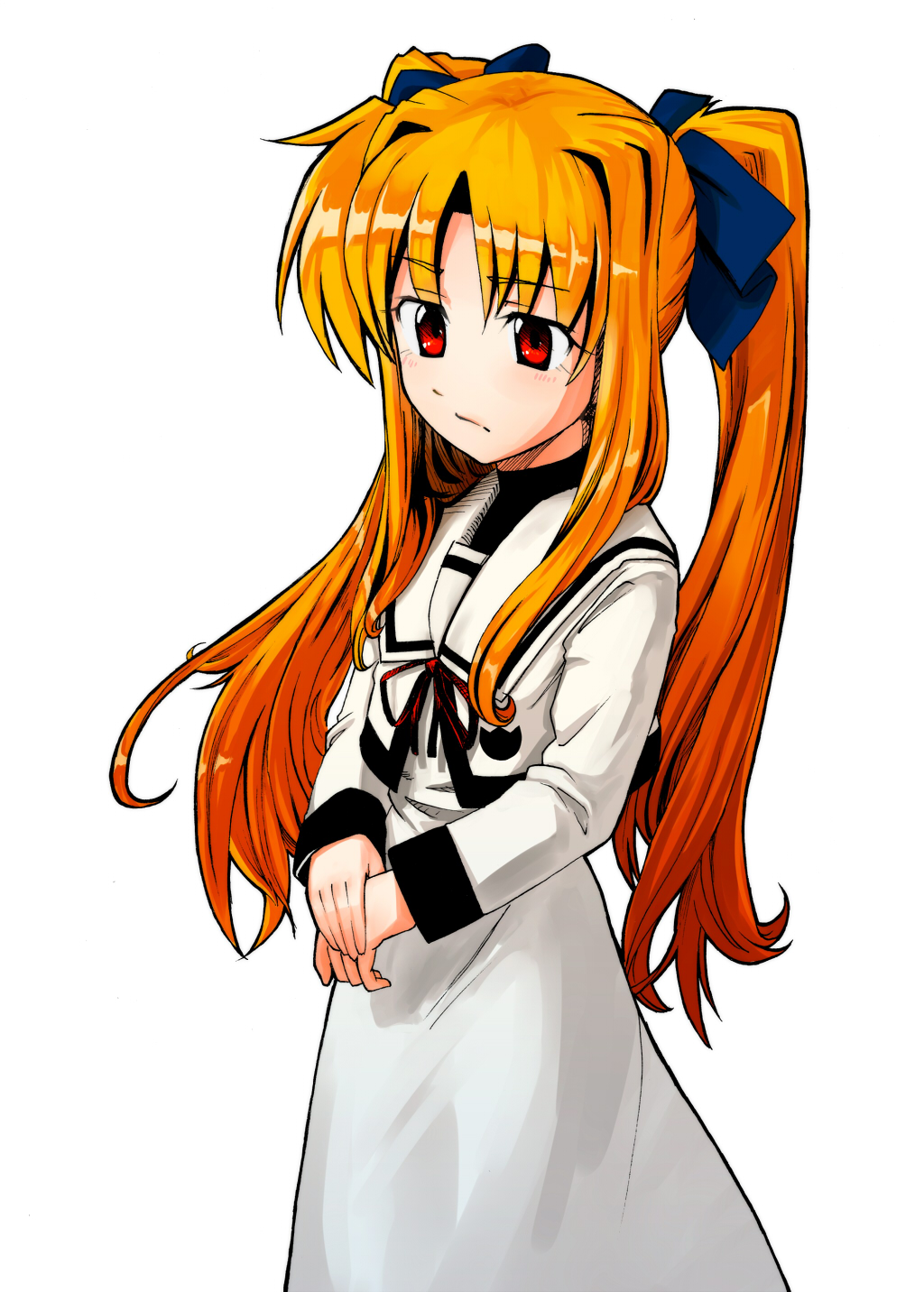 1girl, blonde_hair, dress, fate_testarossa, hair_ribbon, highres, long_hair, long_sleeves